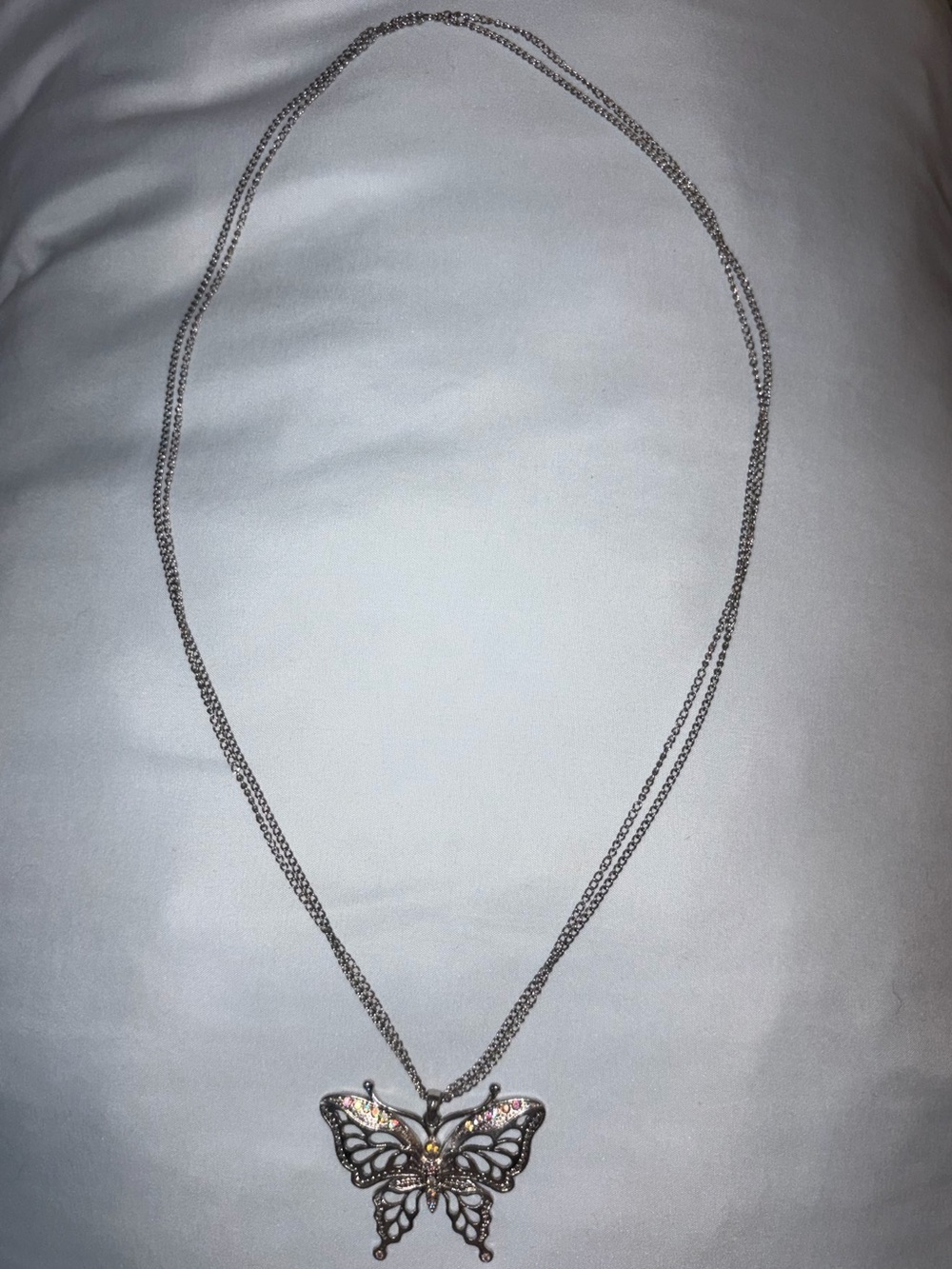 Long Double Strand Butterfly Pendant Necklace Silver Rhinestone Y2K Boho